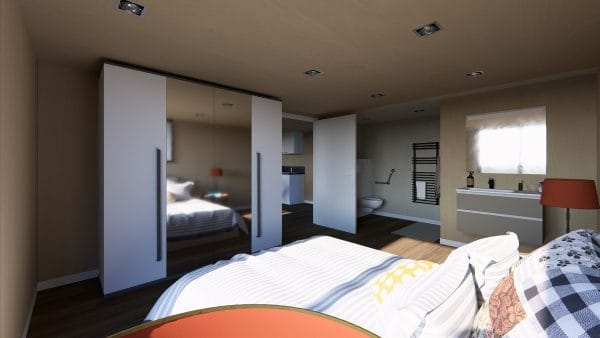 Chambre moderne avec salle de bain intégrée dans un module en bois, équipée d'une grande armoire blanche à portes miroirs et d'un lit confortable avec linge de lit blanc et coussins décoratifs.