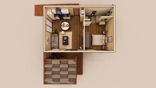 Vue en plan 3D d'un module d'habitation en bois compact avec terrasse à claire-voie, présentant un agencement optimisé d'un studio avec chambre séparée.