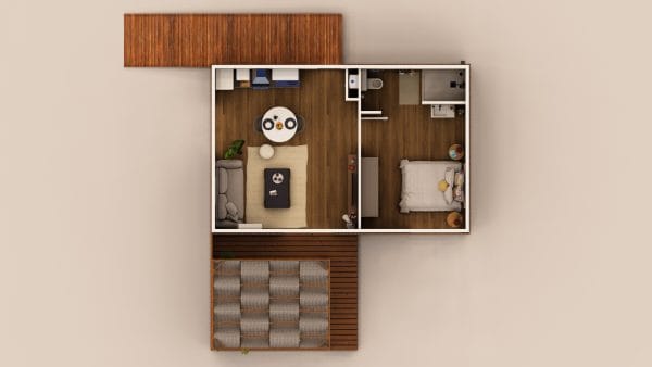 Vue en plongée d'un module d'habitation en bois compact avec terrasse intégrée, présentant un agencement moderne et fonctionnel.