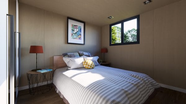 Chambre lumineuse et moderne dans un module en bois avec lit double et décoration contemporaine.