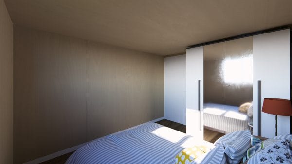 Chambre moderne et lumineuse dans un module en bois avec armoire intégrée blanche et lit aux draps rayés