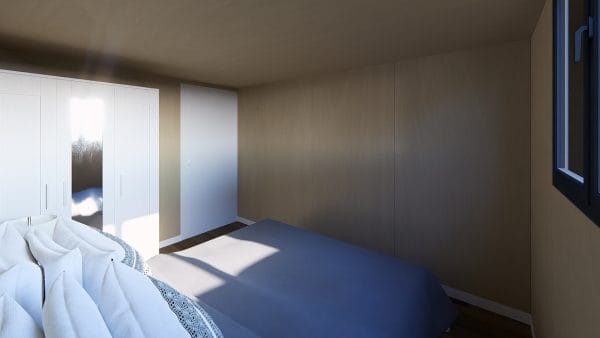 Chambre minimaliste et lumineuse dans un module en bois avec une grande armoire blanche intégrée et un lit double aux draps blancs et bleus.