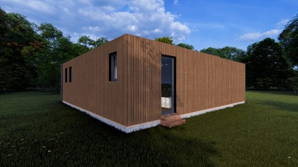 Module en bois contemporain L'Eden de 49,9 m² avec bardage bois naturel, fenêtres modernes et entrée surélevée, implanté dans un environnement verdoyant.