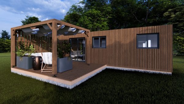 Module en bois moderne L'Eden avec pergola intégrée et terrasse, revêtement en bois naturel et grandes baies vitrées.