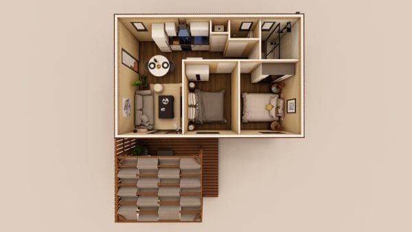 Vue en plongée d'un module d'habitation en bois compact avec deux chambres, un espace de vie et une terrasse à claire-voie.