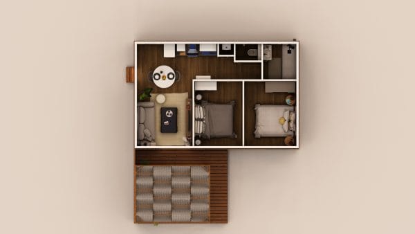 Vue en plan d'un module d'habitation en bois de 49,9 m² avec terrasse extérieure, présentant un agencement moderne et fonctionnel.
