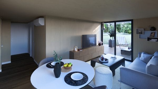 Intérieur moderne d'un module en bois avec salon lumineux donnant sur une terrasse, meublé avec goût dans des tons neutres et épurés.
