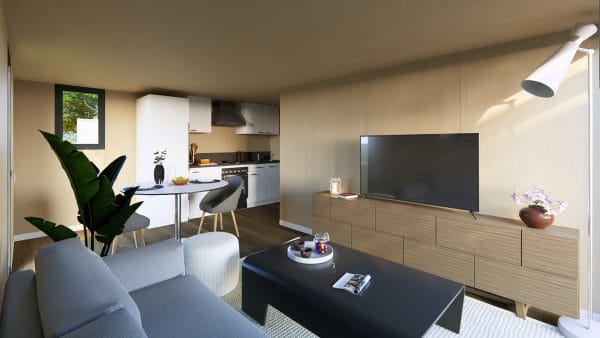 Intérieur moderne d'un module en bois avec espace de vie ouvert combinant salon et cuisine