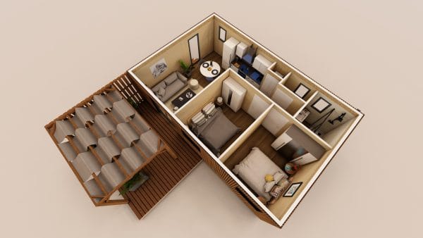 Vue en 3D d'un module d'habitation en bois avec terrasse couverte, présentant un agencement moderne et fonctionnel.