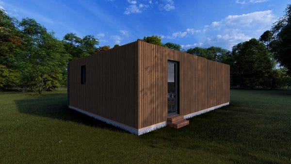 Module en bois contemporain "Le Cosy" de 30,2 m² avec bardage vertical en bois foncé, posé dans un environnement verdoyant.