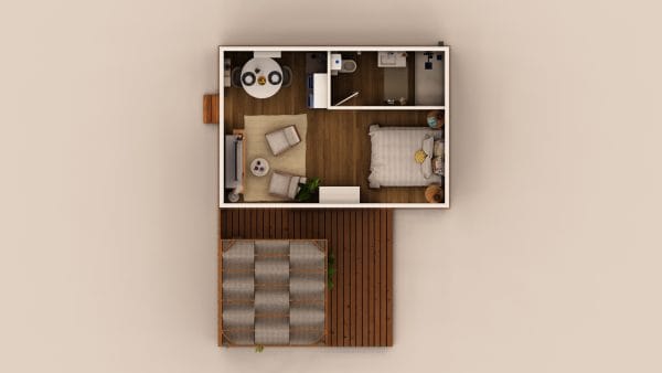 Vue en plan d'un studio modulaire en bois de 30,2 m² avec salle de bain fermée, comprenant un espace de vie principal et une terrasse extérieure en bois.