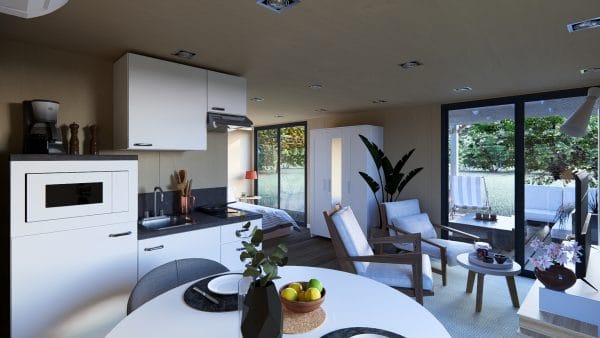 Intérieur moderne d'un module en bois avec cuisine ouverte, espace salon et vue sur l'extérieur.