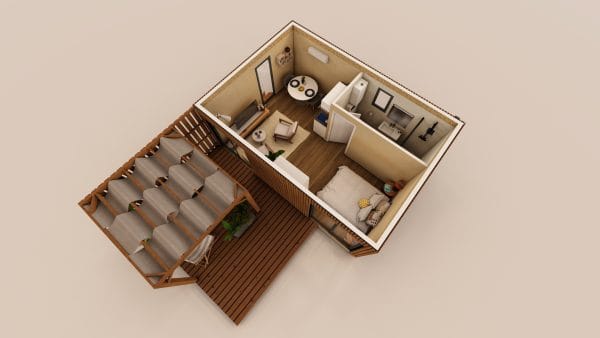 Vue en 3D d'un module d'habitation en bois compact avec terrasse couverte, montrant un agencement intérieur optimisé comprenant un espace de vie, une salle de bain et une terrasse abritée.