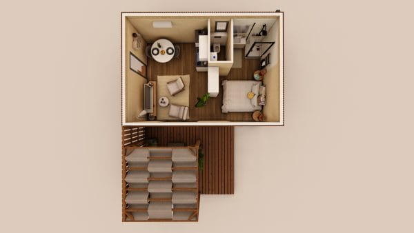 Vue en plan d'un studio moderne de 30,2 m² avec terrasse en bois, présentant un aménagement optimisé et fonctionnel.