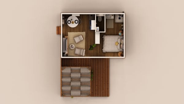 Vue en plan d'un studio moderne en bois de 30,2m² avec terrasse en bois composite.