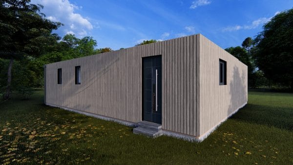 Module d'habitation moderne en bois gris avec façade à bardage vertical, porte d'entrée contemporaine noire et fenêtres minimalistes, installé dans un environnement naturel verdoyant.