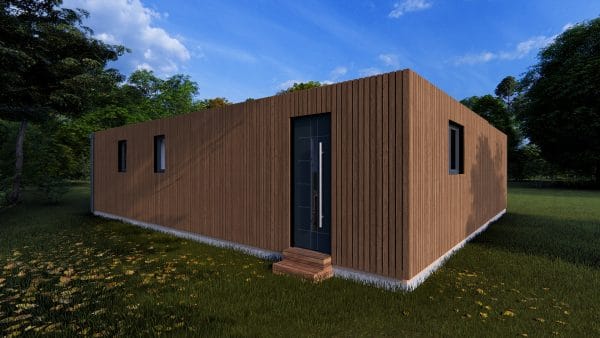 Module d'habitation en bois moderne avec bardage vertical marron et porte d'entrée contemporaine, installé dans un environnement naturel verdoyant.