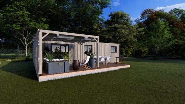 Module en bois contemporain "Le Haven" avec terrasse couverte, installé dans un environnement verdoyant.
