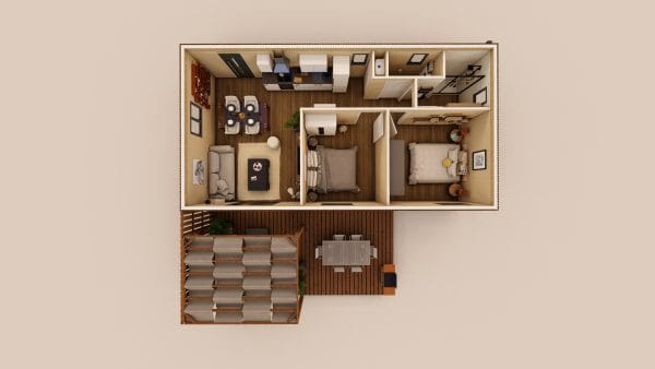 Vue en plan 3D d'un module d'habitation en bois de 63,3 m² avec terrasse extérieure, présentant un agencement moderne et fonctionnel.