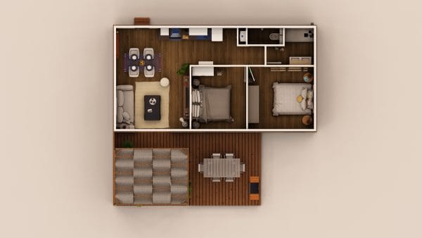 Plan 3D d'un module en bois de 63,3m² avec terrasse, présentant un agencement moderne et fonctionnel avec deux chambres, un espace de vie et une terrasse extérieure en bois.
