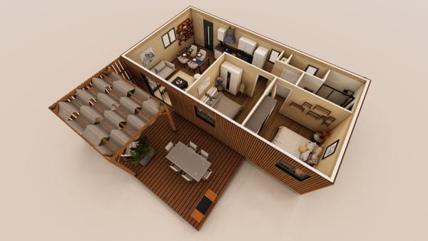 Vue en 3D d'un module d'habitation en bois avec terrasse intégrée, montrant un agencement moderne et fonctionnel d'une superficie de 63,3 m².