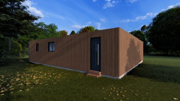 Module en bois contemporain avec bardage vertical marron, intégré dans un environnement naturel verdoyant.