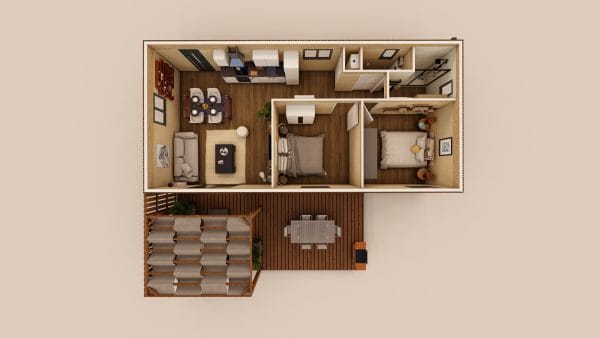 Vue en plan 3D d'un module d'habitation en bois de 69,6m² avec terrasse extérieure, présentant un agencement moderne et fonctionnel.