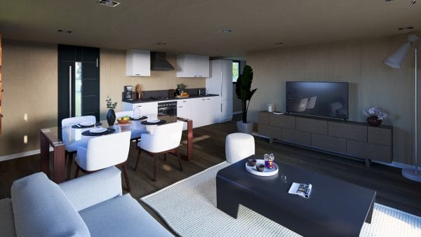 Intérieur moderne d'un module en bois avec espace de vie ouvert combinant cuisine, salle à manger et salon