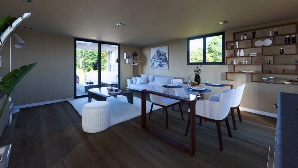 Intérieur moderne d'un module en bois avec espace salon-salle à manger lumineux, mobilier blanc et parquet foncé