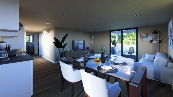 Intérieur moderne et lumineux d'un module en bois avec espace de vie ouvert combinant salon et salle à manger.