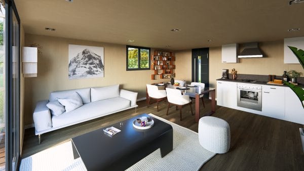 Intérieur moderne d'un module en bois avec espace de vie ouvert comprenant salon, salle à manger et cuisine équipée, décoré dans des tons neutres avec un grand canapé blanc et une vue sur l'extérieur