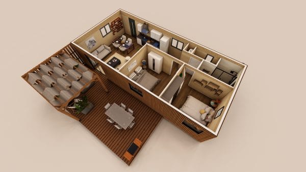 Vue en 3D d'un module d'habitation en bois avec terrasse extérieure, montrant un agencement moderne et fonctionnel.