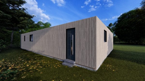 Module en bois contemporain de 82 m² avec bardage vertical gris clair, porte d'entrée moderne noire et fenêtres minimalistes, installé dans un environnement verdoyant.