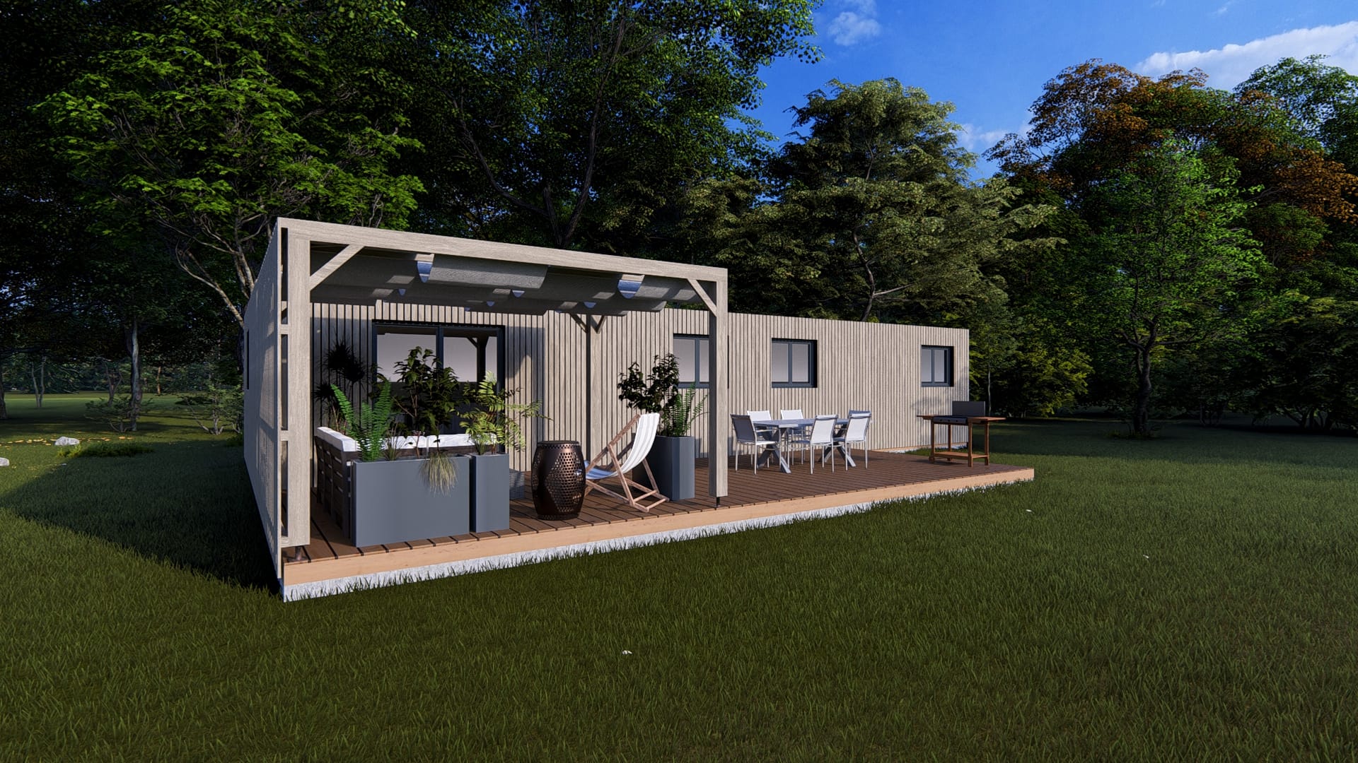 Module en bois moderne "Le Lounge" de 82 m² avec terrasse couverte et bardage gris clair, installé dans un environnement verdoyant, est une de nos solutions.