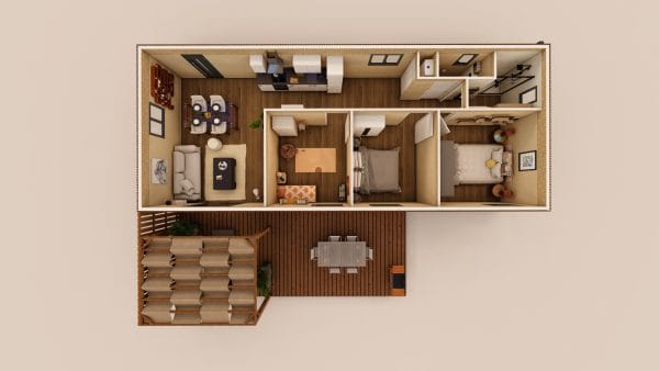 Vue en plan d'un module d'habitation en bois de 82 m² avec terrasse, présentant un agencement moderne et fonctionnel.