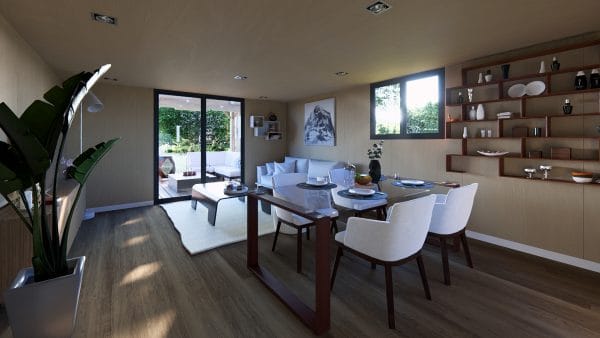 Intérieur moderne d'un module en bois avec espace salon-salle à manger lumineux, décoré dans des tons neutres avec des meubles blancs et bois foncé.