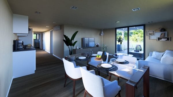 Intérieur moderne d'un module en bois avec espace de vie ouvert comprenant cuisine, salle à manger et salon, baigné de lumière naturelle avec grande baie vitrée donnant sur une terrasse verdoyante.