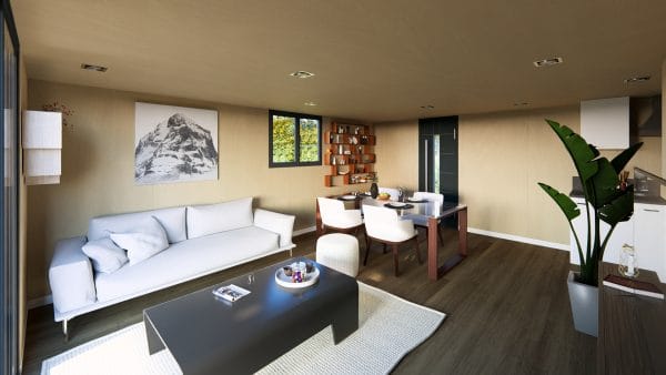 Intérieur moderne d'un module en bois avec salon lumineux et espace salle à manger, décoré d'une grande photo de montagne en noir et blanc