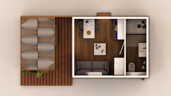 Vue en plan d'un module d'habitation en bois compact avec terrasse intégrée, présentant un aménagement intérieur optimisé et moderne.
