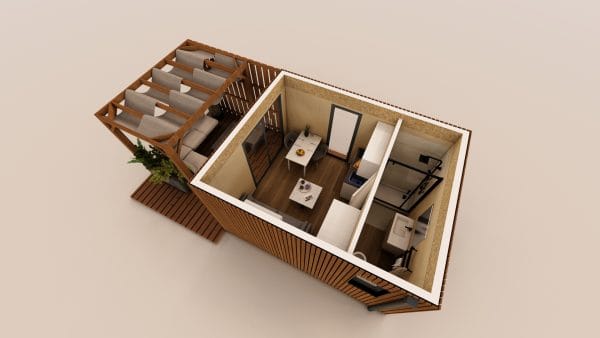 Vue en coupe 3D d'un module d'habitation en bois compact avec terrasse couverte et aménagement intérieur moderne.