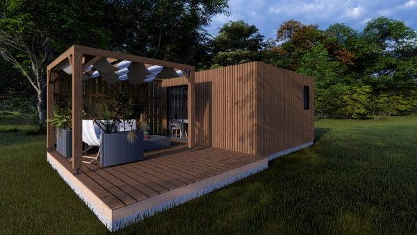 Module en bois contemporain avec terrasse couverte et pergola, intégré dans un environnement verdoyant.