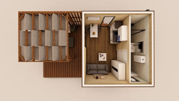 Vue en plan d'un module d'habitation en bois compact avec terrasse couverte, montrant l'aménagement intérieur optimisé et le design contemporain.