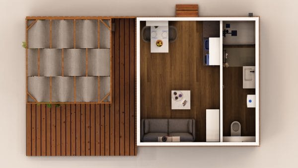Vue en plan d'un module d'habitation en bois compact avec terrasse intégrée, présentant un aménagement intérieur optimisé et fonctionnel.