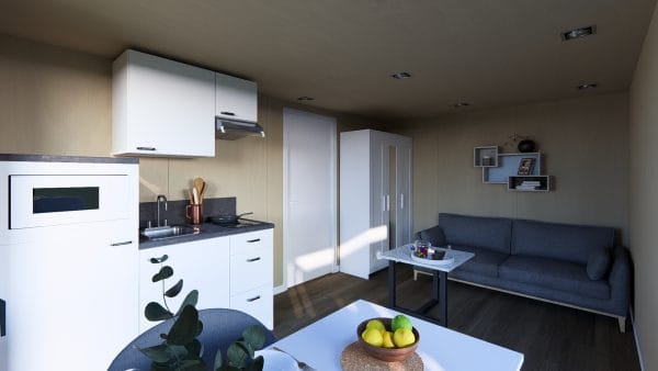 Intérieur moderne d'un module en bois avec cuisine intégrée et espace salon dans un studio compact et lumineux.