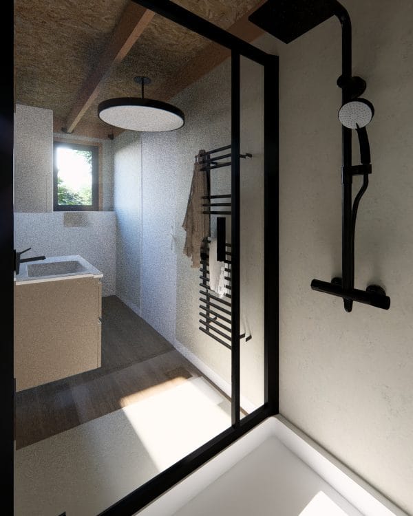 Salle de bain moderne et épurée dans un module en bois avec douche à l'italienne, paroi vitrée noire, sèche-serviettes noir et luminaire circulaire design