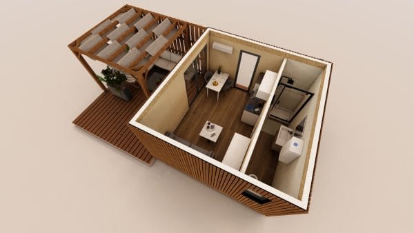 Vue en coupe 3D d'un module d'habitation en bois compact avec terrasse couverte et aménagement intérieur moderne.