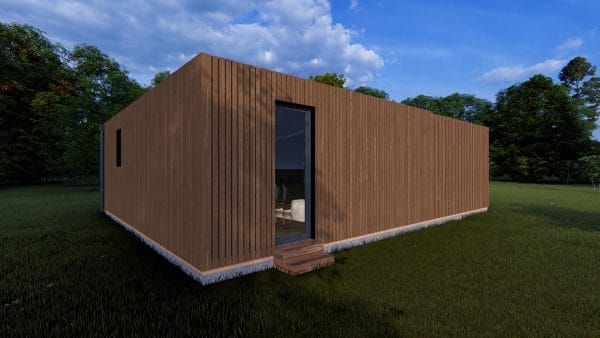 Module d'habitation en bois moderne "L'Escapade" de 47,3 m² avec bardage extérieur en bois foncé, posé sur une pelouse verte avec un environnement boisé.
