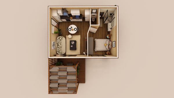 Vue en plan d'un studio modulaire en bois de 47,3 m² avec terrasse extérieure, présentant un aménagement optimisé et moderne.