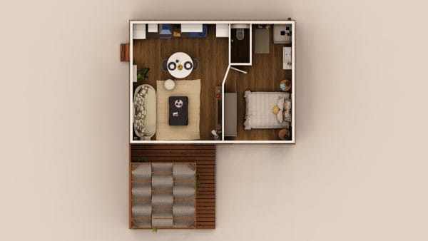 Plan 3D d'un module d'habitation compact en bois avec terrasse extérieure