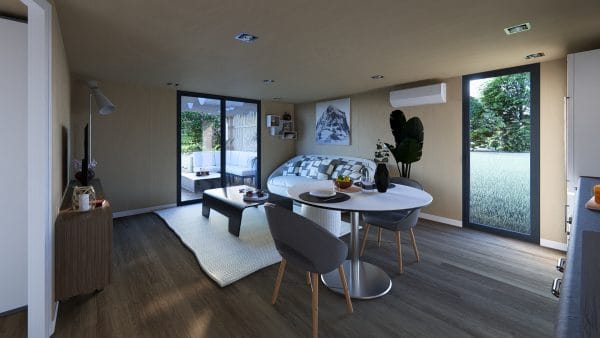 Intérieur moderne et lumineux d'un module en bois avec espace salon-salle à manger, grandes baies vitrées et décoration contemporaine